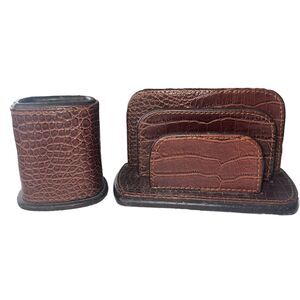 Croc Embossed Leather letter organizer and pen holder two piece set for desk
